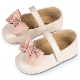 BabyWalker Βαπτιστικά παπούτσια κορίτσι γοβάκι με υφασμάτινο χειροποίητο φιογκάκι  Εκρού-Ροζ MI.1646